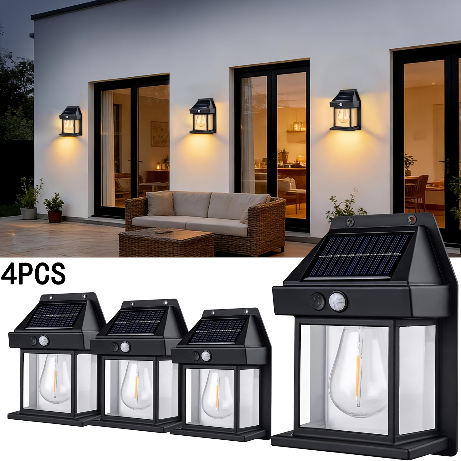 TEMU 2/4pcs Outdoor Solar Wall Lamp, Outdoor Solar Exterior Wall Lamp, Courtyard Decorative Lamp, Motion Sensor Lamp From Dusk To Dawn, Ip54, 2/4pcs