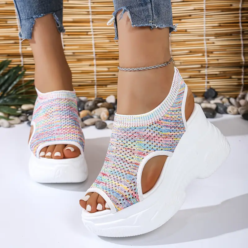 womens lightweight breathable crochet wedge sandals open toe thick sole casual shoes with ankle strap white colorful geometric for casual attire strappy sandals Product details 4