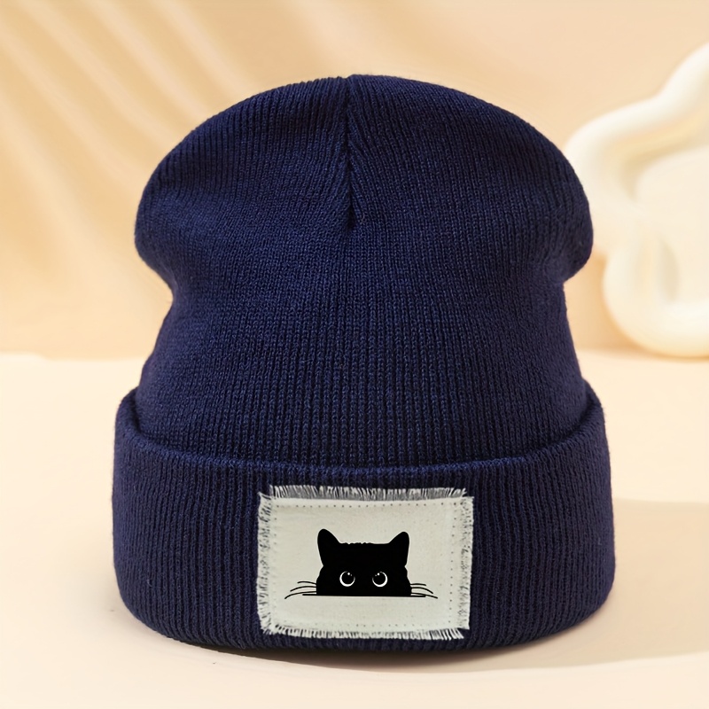 TEMU Ein Stoffetikett mit Schwarz Katzen-Print, Strickmütze, warmer Unisex-Pullover-Mütze für Herbst und Winter, warme Outdoor-Mütze ohne Schirm,