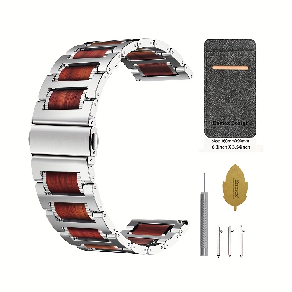 TEMU Stainless Steel With Wooden Elegant Strap, 22mm, Foldable For Easy Wearing, Suitable For Watches, Watch Band Accessory, Wristband Upgrade,