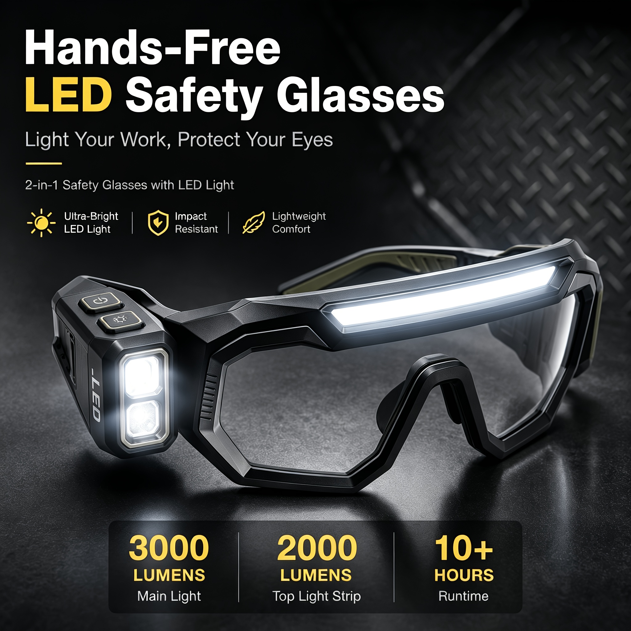 TEMU Rechargeable Led Safety Glasses With Light, Work Goggles, 4 Light , Bright Top Light Strip And Side Work Light, Usb-c Charging, Anti-loss Neck