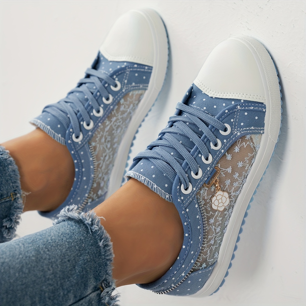 womens blue floral sneakers low top lace up casual shoes with rubber sole   cover inner lining and decorative zipper detail ladies shoes details 3