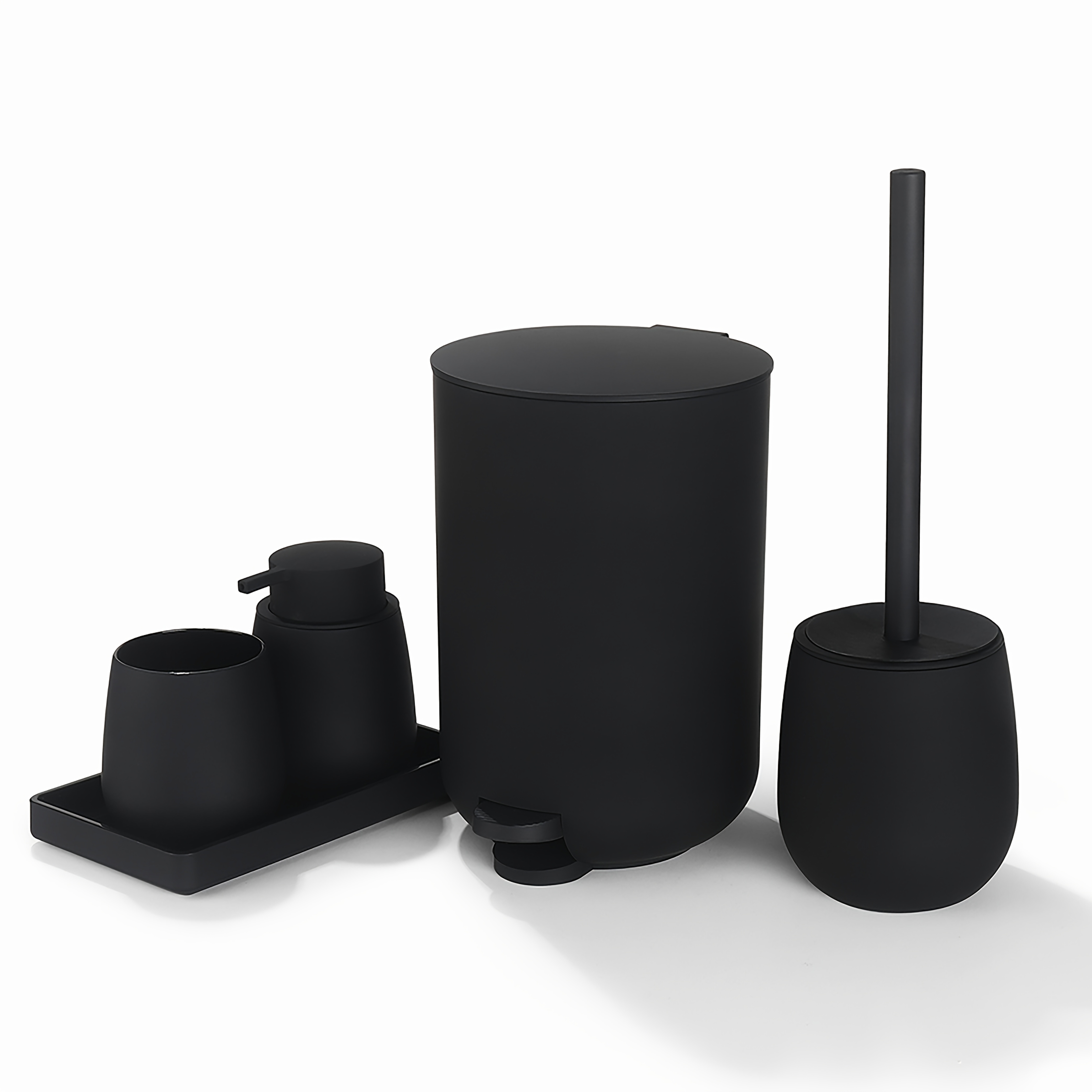 Image of Matte Black Bathroom Accessory Set (3 /0.8 Gallons Small Trash Can, Toothbrush Holder, Soap Dish, Vanity Tray, Toilet Brush And Seat Black 5pcs Set)