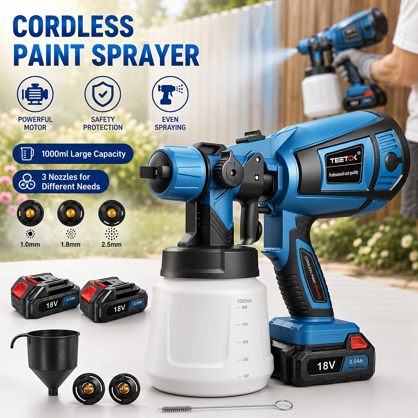 TEMU Cordless Paint Sprayer, 350w Paint Sprayers With 2pcs 3000mah Battery & Charger, 3 Nozzles, Fence Paint Sprayer With 1000ml Container For Walls
