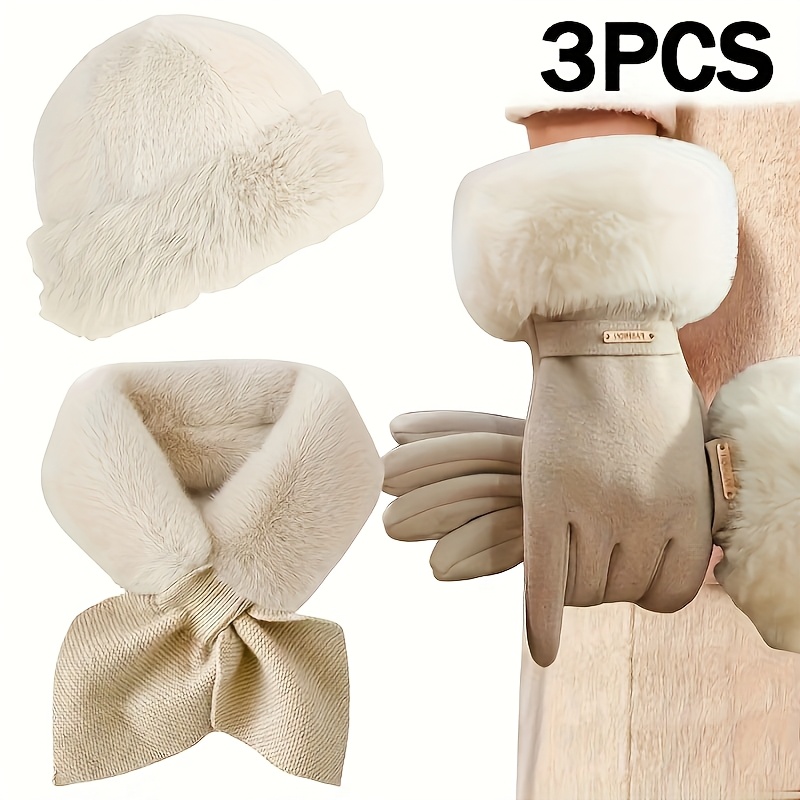 TEMU 3pcs Women's Winter Additions Set, Thickened Fleece Gloves, Scarf And Hat, Suitable For Cold Weather And Outdoor Activities, , Lightweight,