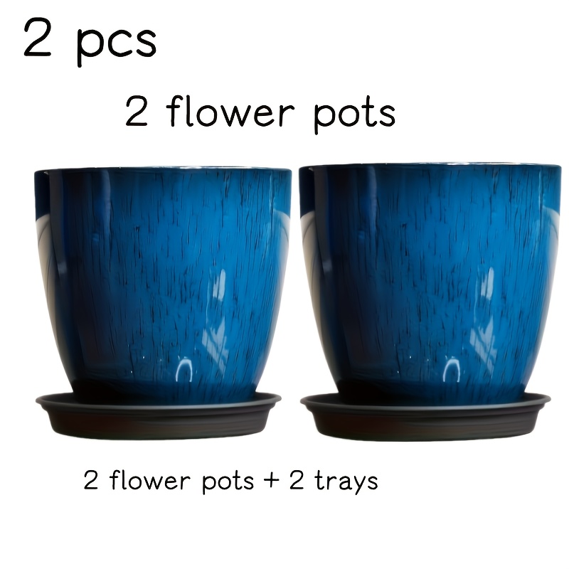 Image of 2pcs Low Profile Glazed Thickened Resin Flower Pots With Trays | Waterproof Indoor/outdoor Decorative Pots Suitable For Peace Lily, Enormous Onion, Roses Gardening Gift Home Decor
