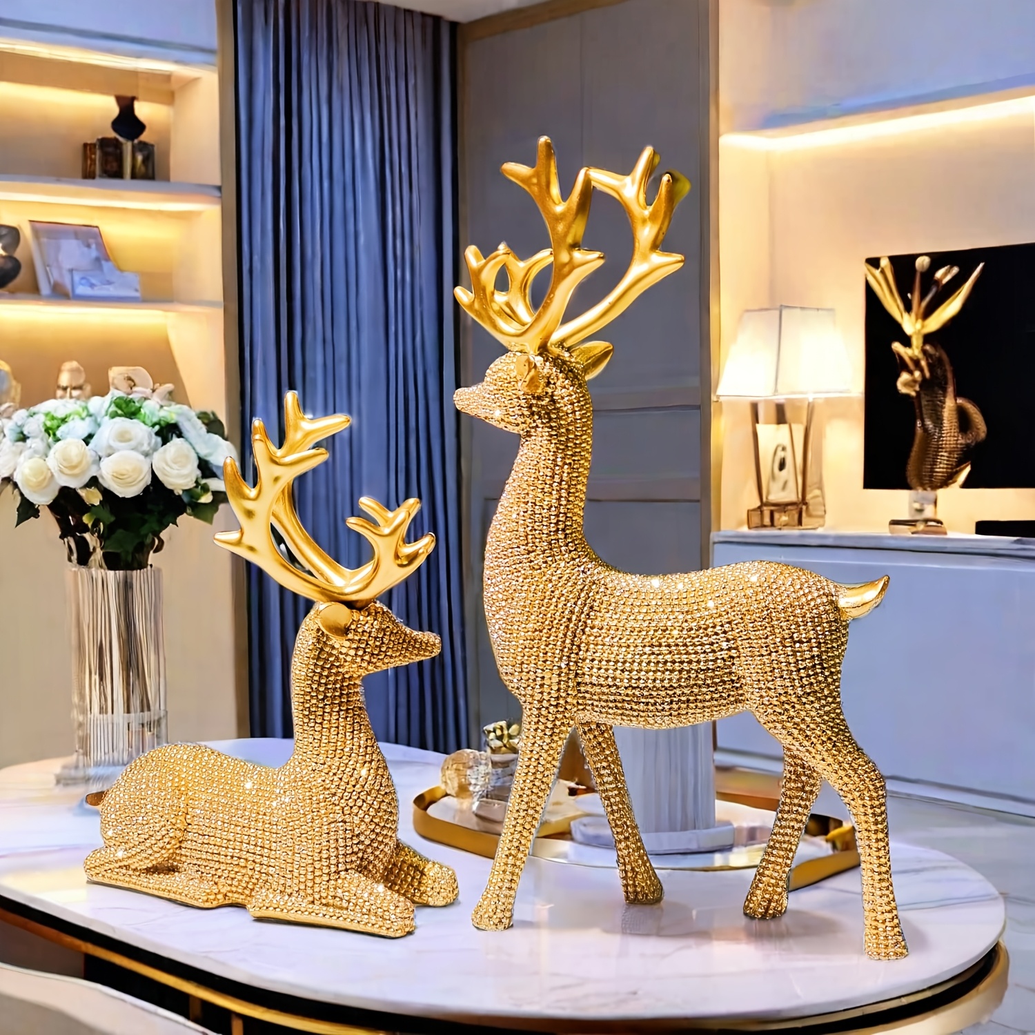 

2pcs Glittering Golden Bead Christmas Reindeer Decorations, Resin Holiday Tabletop Decor For Christmas, Valentine’s Day, New Year, Display Shelves, Mantels, And Gift Boxes