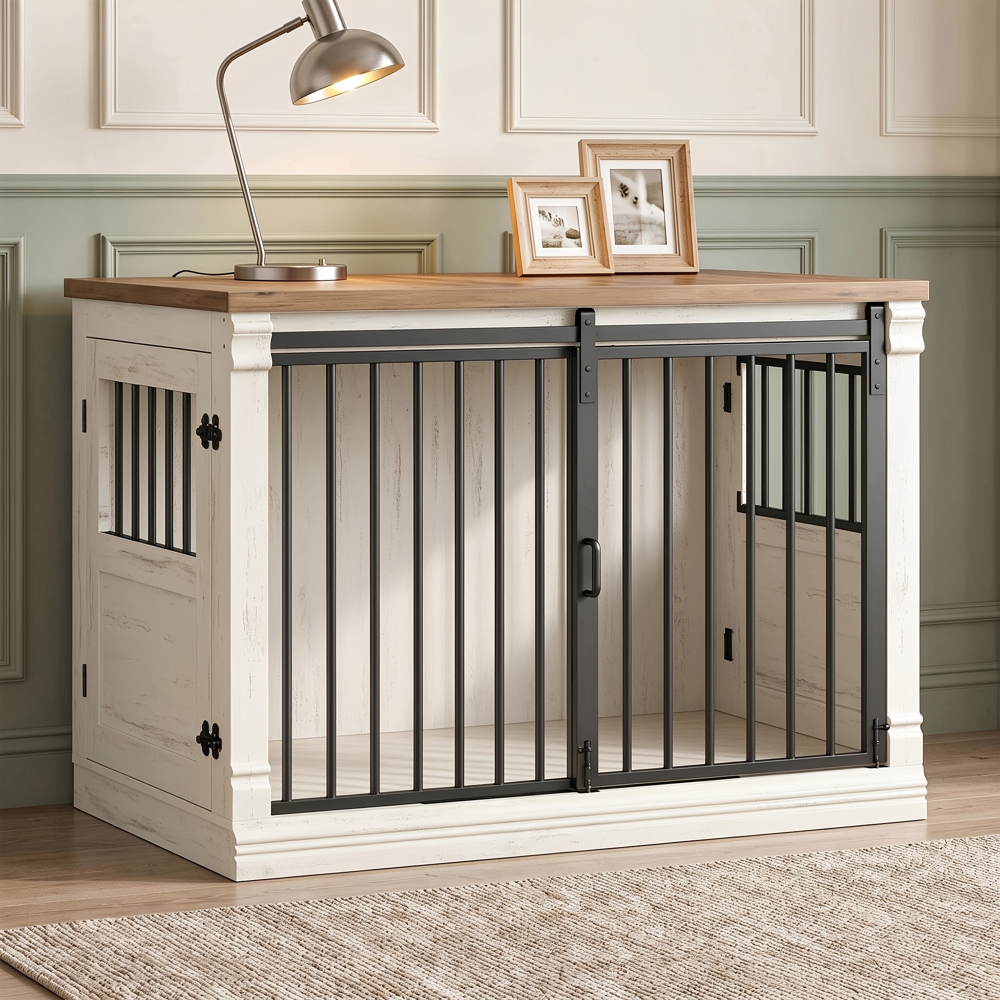 TEMU Three-door Furniture-style Dog Crate, Large Size, Suitable For All Breeds, Enclosed Thickened Bottom, Simulated Wood Grain, Luxurious Table-.