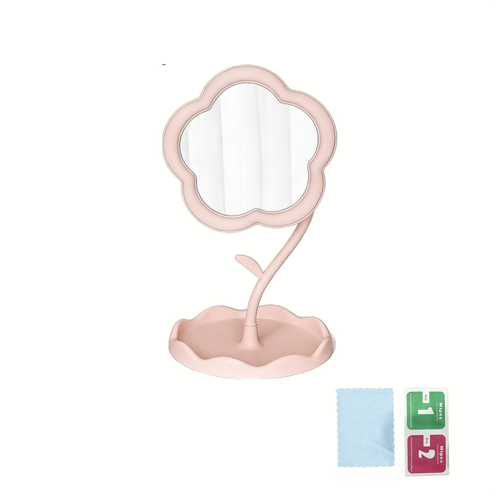 TEMU 4pcs Set: 1 Mirror And 3 Cleaning Tools. Mini Rotating Floral Vanity Mirror, Polished Plastic Frame, Battery-free Portable Makeup Mirror With