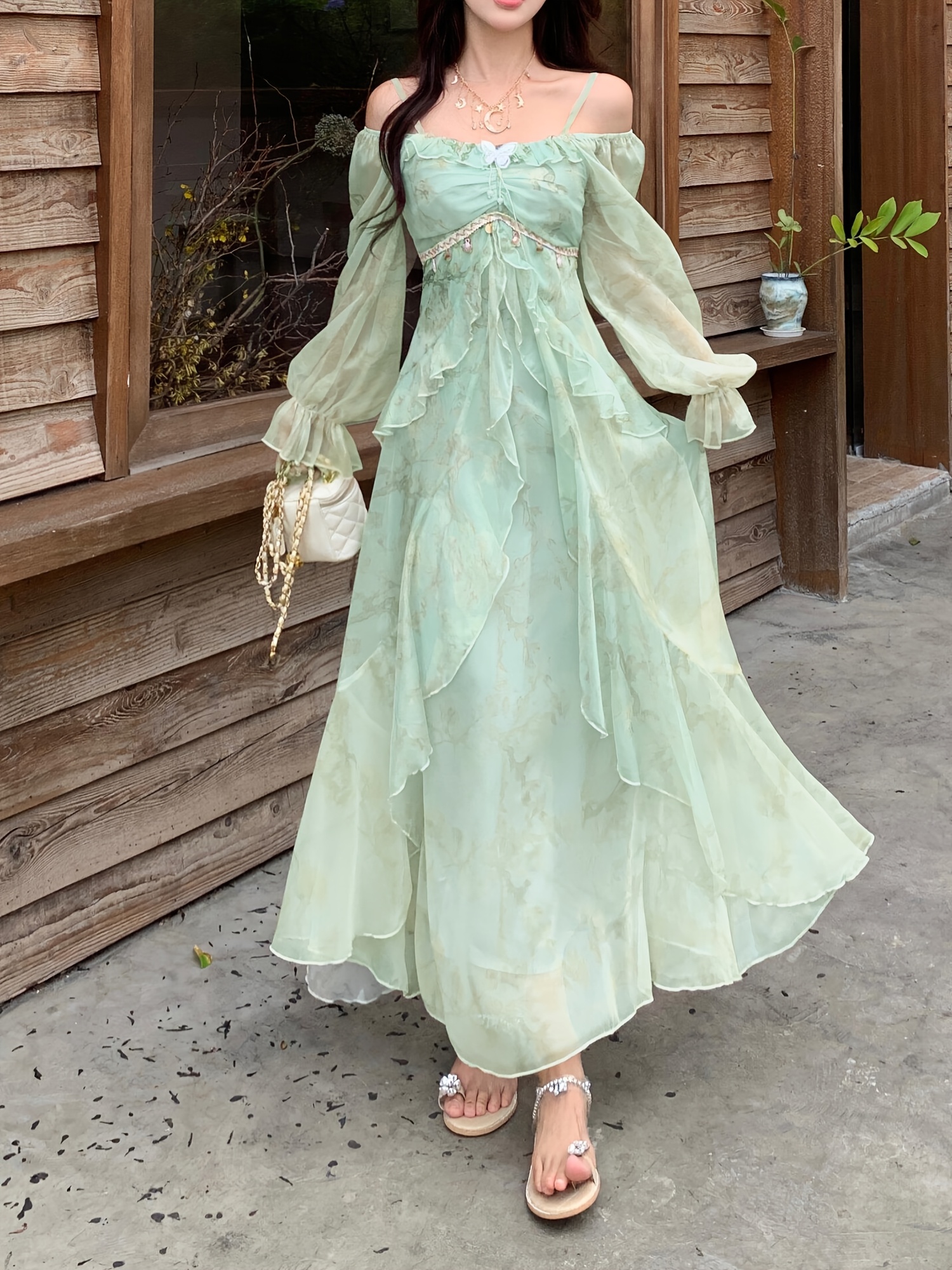 ethereal green dress french style shoulder long summer ruffle hem sort