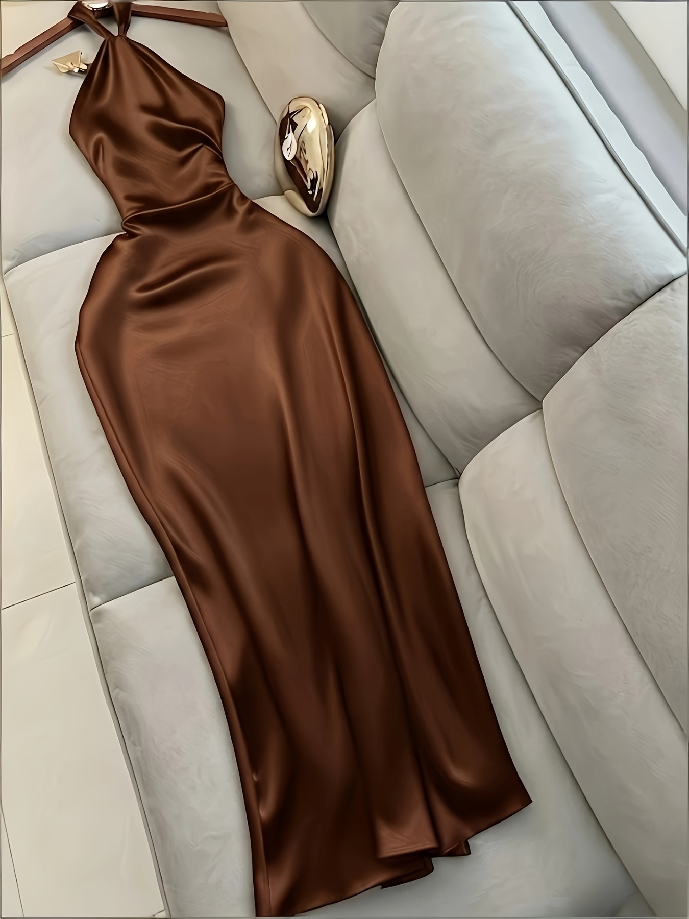 Y2K Women'S Summer New Satin Halter Dress Brown Backless And Thinning * Long Dress