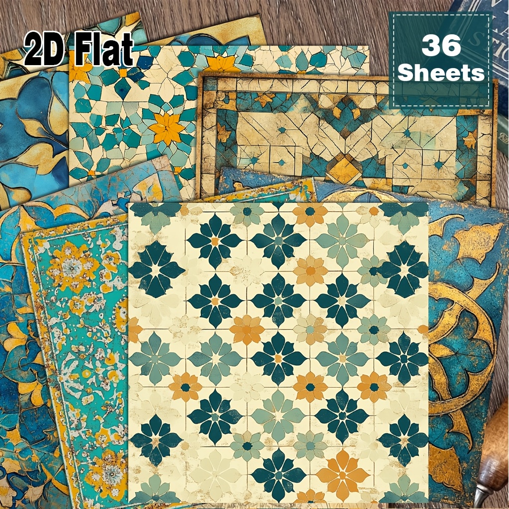TEMU 2D 36 Hojas 6X6 Pulgadas Manual Islamico Geométrico , Azul Verde Dorado Envejecida Adecuado para Collage, Proyectos Origami Papel Decorativo,
