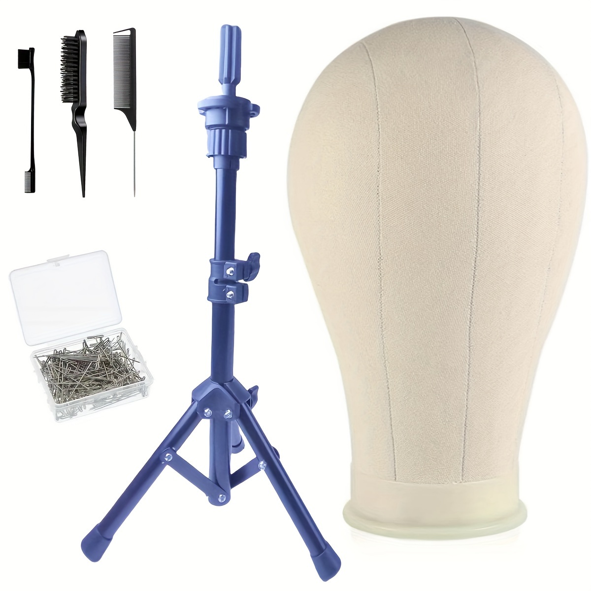 TEMU 22 Inch Canvas Block Wig Head, Wig Stand Tripod , Mannequin Head For Wigs, T Pins, Bristle Brush