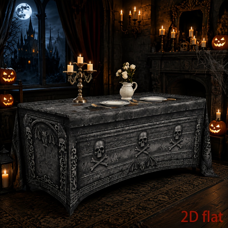 TEMU 1 Elástica Ajustada para Mesa con Diseño 2D de Calaveras Góticas y Calaveras, Mantel Elástico para de Halloween, Decoración de , Tema Gótico de