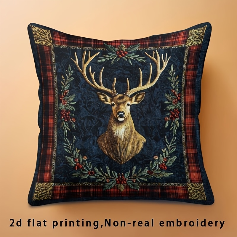 TEMU 1pc Deer, Wreath, And , Single-sided Printed Pillowcase - 45x45cm, Zipper Closure, Ideal For Sofa, Living Room, Bedroom Decor, Animal Print