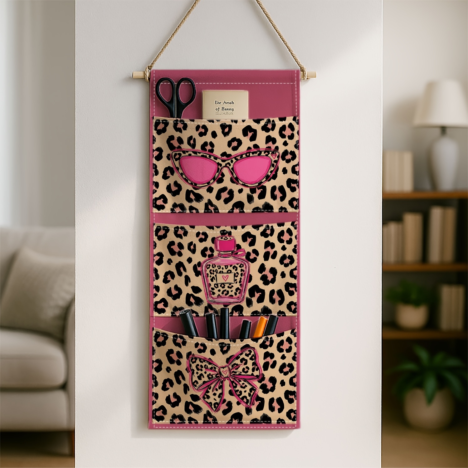 TEMU 1pc Leopard Glam Design Hanging Storage Organizer Wall/ Bag, Bow Perfume Fashion Glasses Pattern, For Bathroom Bedroom Decorative Home Organizer