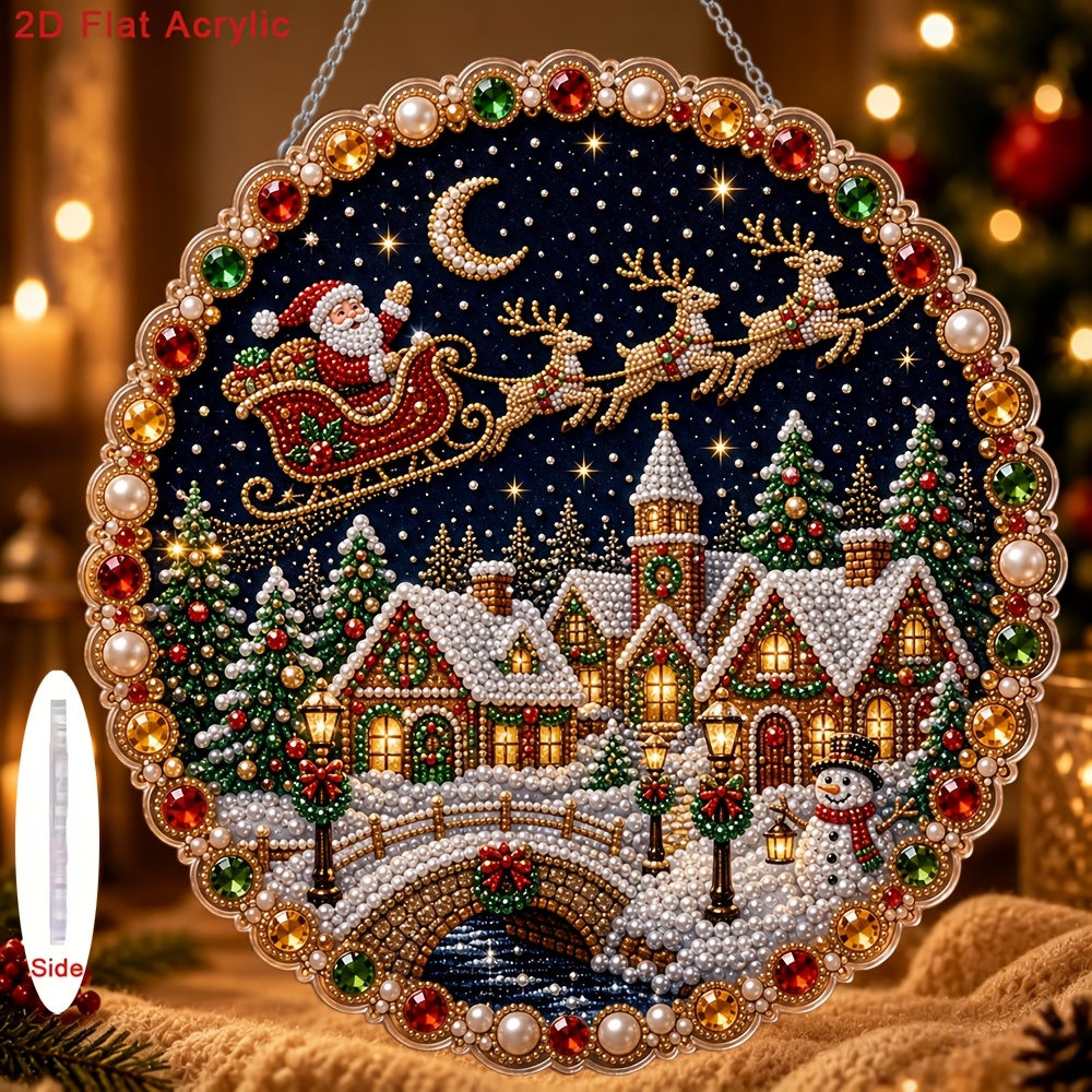 TEMU 2d Flat, Christmas Decorative Pendant Pearl Diamond Inlaid Acrylic Ornament Festive Home Decoration Christmas Tree House Pattern Creative Gift