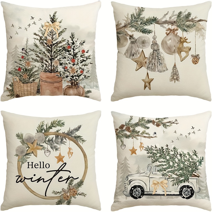 

4 housses de coussin en lin rustique, housses de coussin de canapé à fermeture éclair avec des d'hiver, d'arbre de Noël, de de houx, de de neige et de camion vintage pour la décoration de