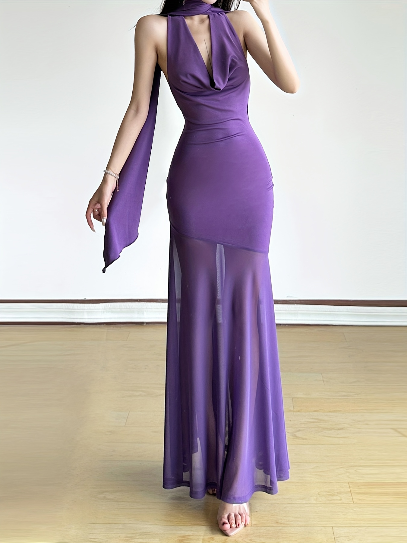 Sassygals * Purple Mesh Cowl Neck Halter Dress Scarf Backless Spicy  Fishtail Long Dress