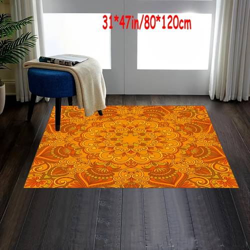 Orange Retro-style Printed Carpet Decorative Living Room Soft Carpet, Machine Washable Non-slip Carpet, Hotel Cafe Shop Carpet