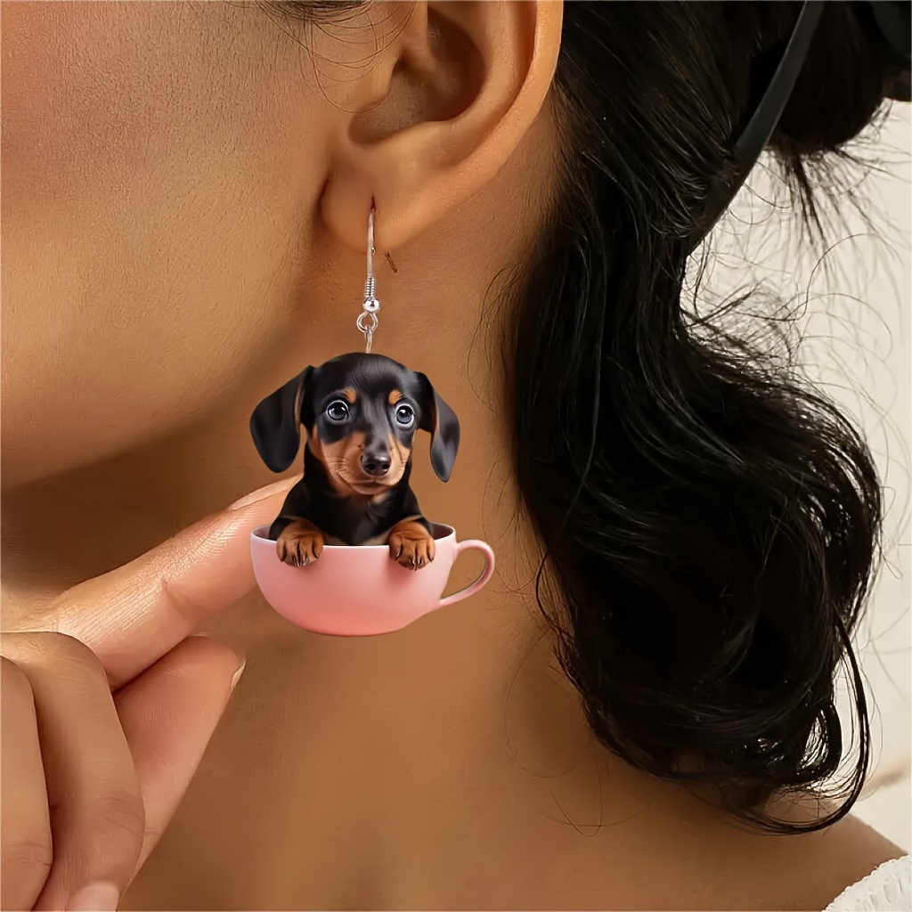 

Charming Acrylic Dachshund Dog In Tea Cup Earrings - Cute Cartoon Style, Perfect Gift For All Ages