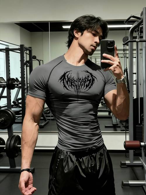 mens metal letter print compression fit fitness shirt quick drying breathable t shirt high moisture wicking short sleeve workout top suitable for gym sports and casual wear