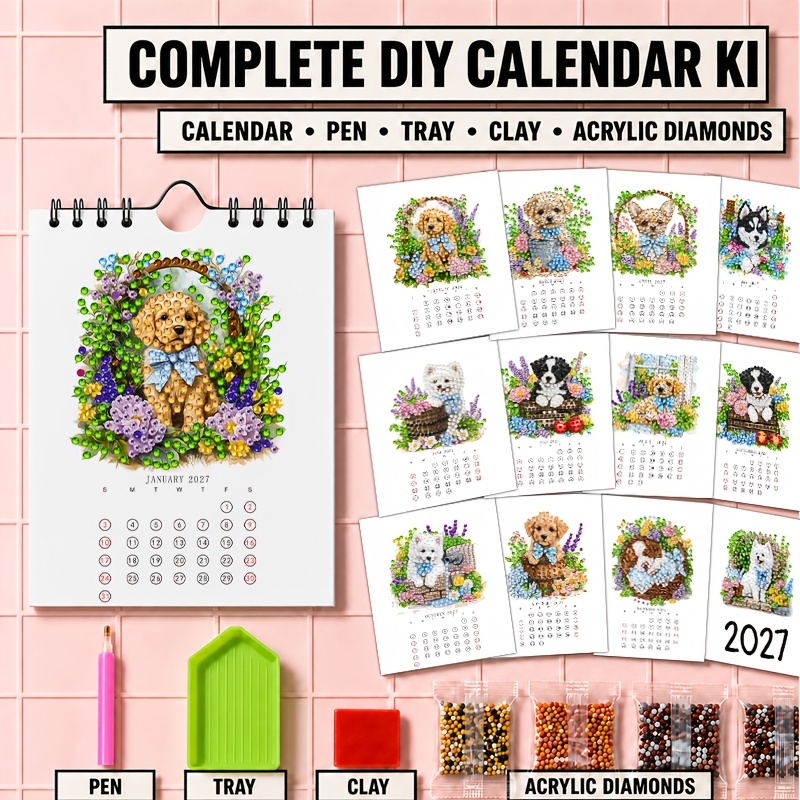 TEMU Calendrier fait main 2027 avec peinture diamant , motif chiot floral rétro, calendrier du Nouvel An, mini calendrier mural, œuvre d'art créative