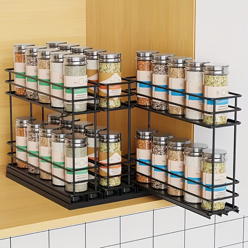 TEMU 3pcs Cabinet Pull Out Double Tier Spice Rack Organizer, Double Rail Large Capacity Slide Out Spice Rack Organizer, Slide Out Spice Rack, Durable