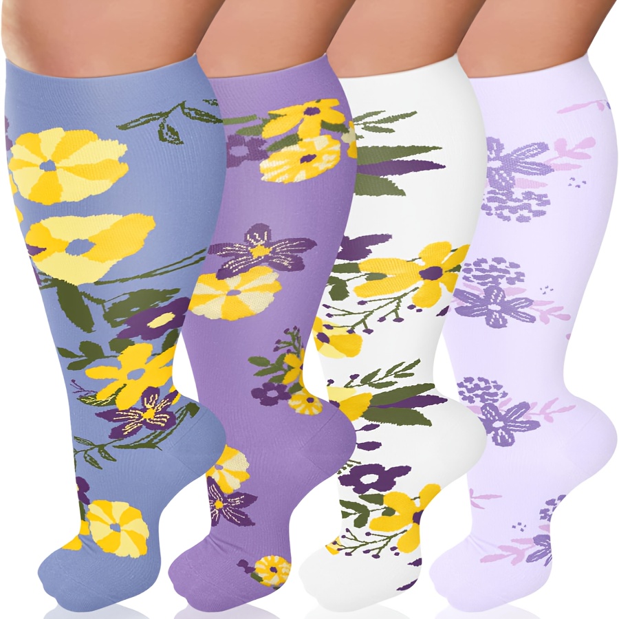 TEMU 4 Pairs Oversized Compression Socks For Women And Men, Wide Leg Design, Extra Large (15 Mmhg), High Socks For Nurses And Pregnant Women For