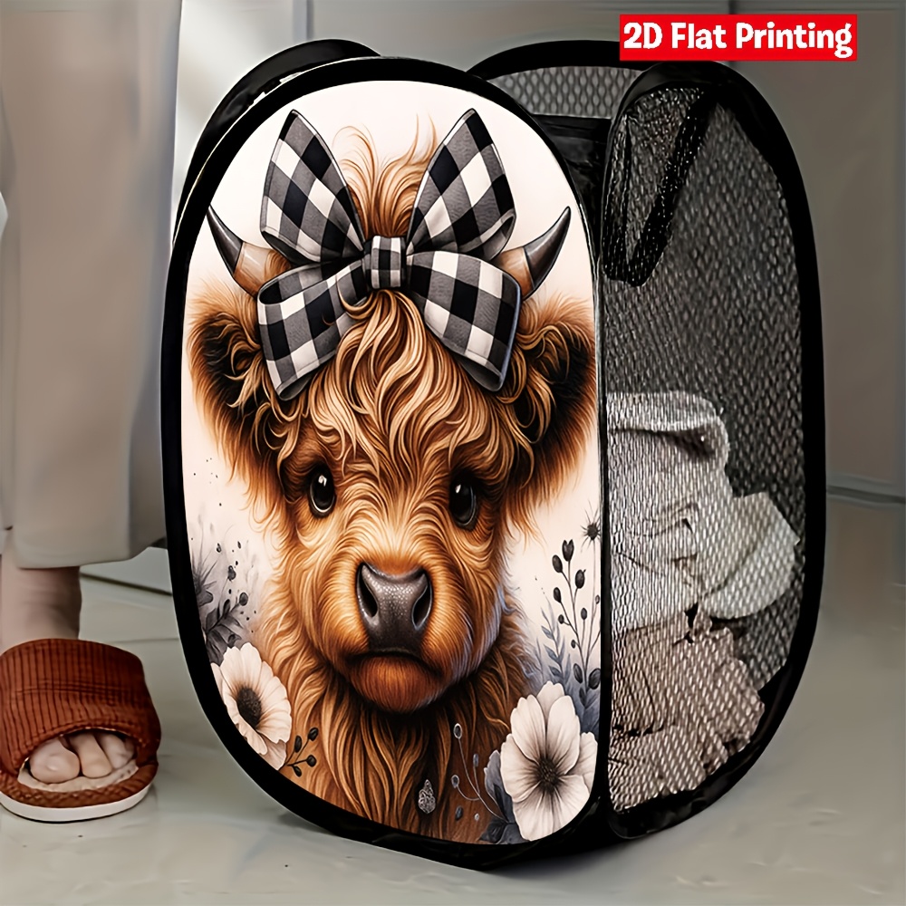 TEMU 1pc Highland Cow With Checkered Bow And Flowers For Pop Up Laundry Basket Collapsible Storage Gift For Bedroom And Bathroom Organization