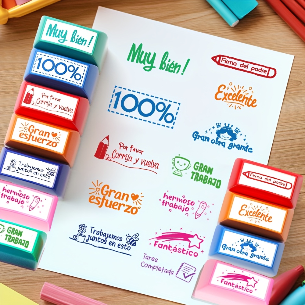 Grading and Reward Stamps for Spanish Homework with 12 Colors, Gift for Primary School Teachers - Self-Inking Stamp with Storage Box, Ideal for Back to School Season