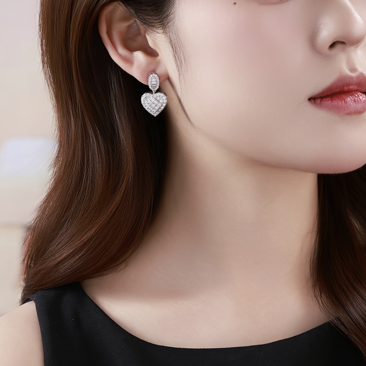 Women's Copper Heart Drop Earrings with Zirconia Inlay