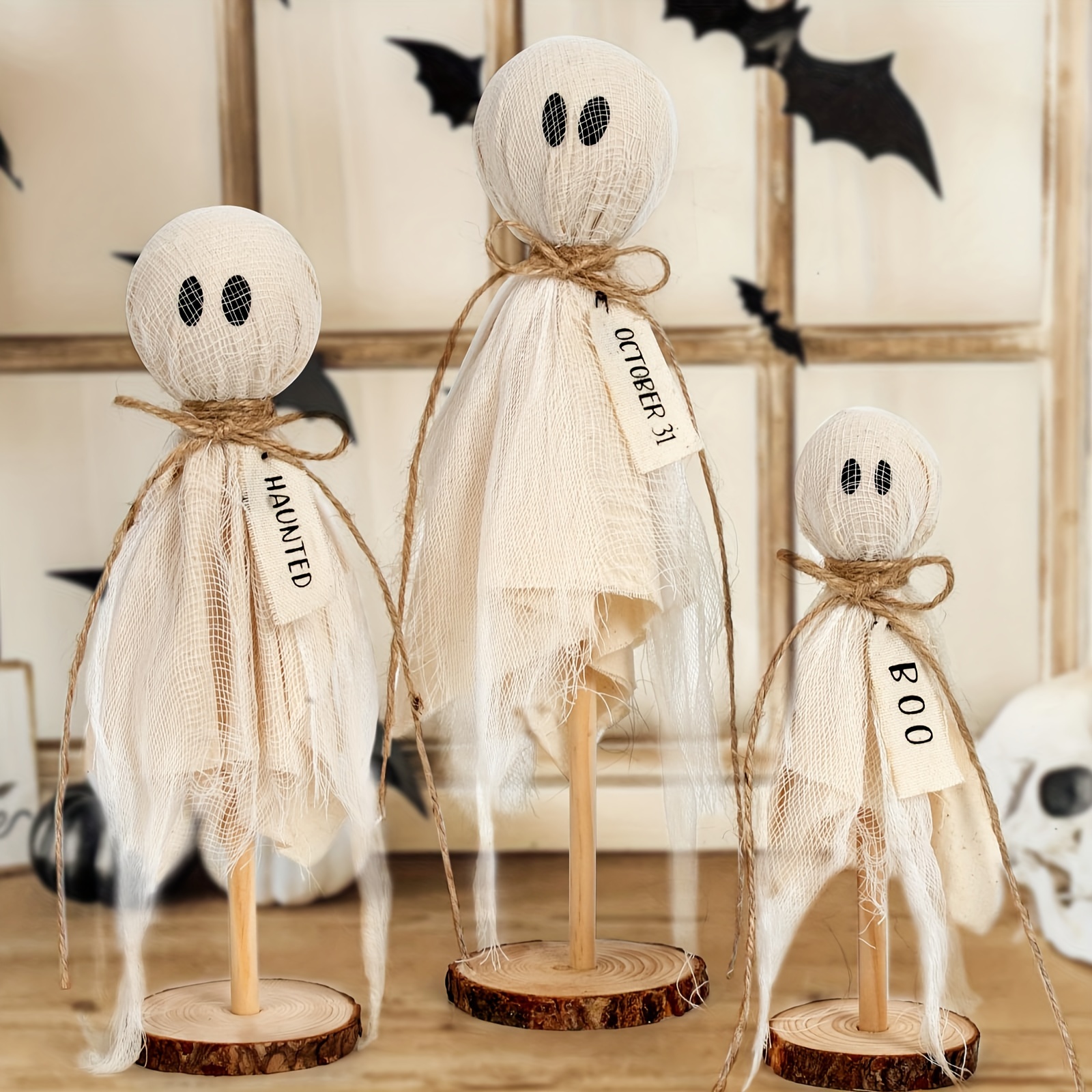 

Indoor Halloween Decoration - A Set Of 3 Primitive Halloween , On Wooden Stands, Used For Center Table Decoration, Shelves And - Scary Halloween Decoration