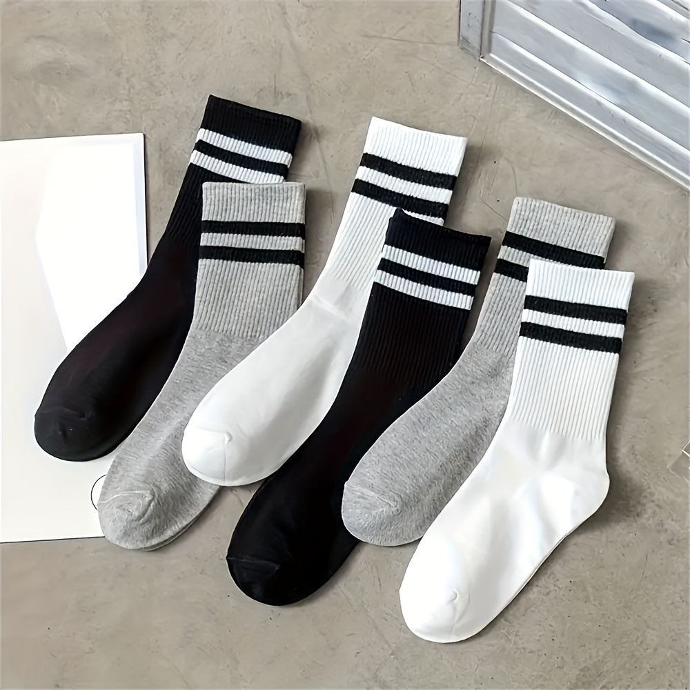 Image of 3 Pairs Breathable Sports Socks - Moisture-wicking Mid-calf Crew Socks With Black And , Soft For Gym, Running, Hiking - Casual Athletic Socks, Gym Essentials, Striped Pattern, Sweat Absorption