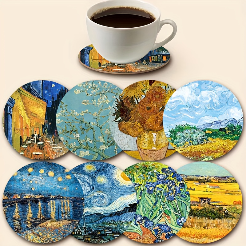 TEMU All Hallows' Eve 8pcs Van Gogh Oil Painting Style Heat-resistant Wooden Coasters, Anti-scald Tableware Set, Suitable For All Types Of Drinkware,