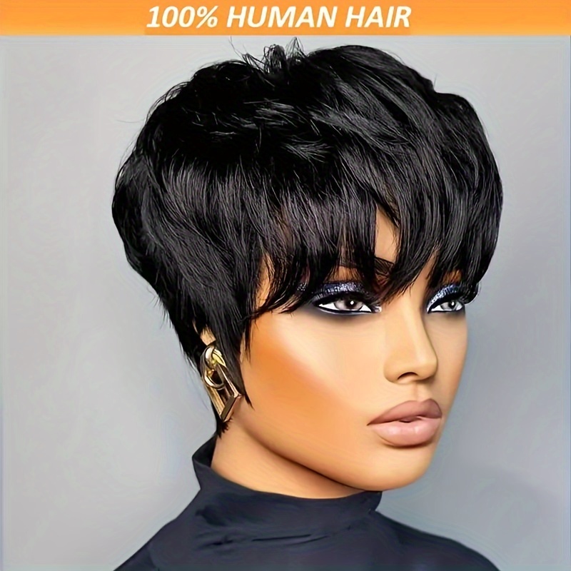 

Unisex Adult Cut Wig With Bangs - Short Layered Style, 100% Brazilian Human Hair, Cap, 180% Density, Loose Wave, Glueless Full Machine Made Non-lace Wig For All People