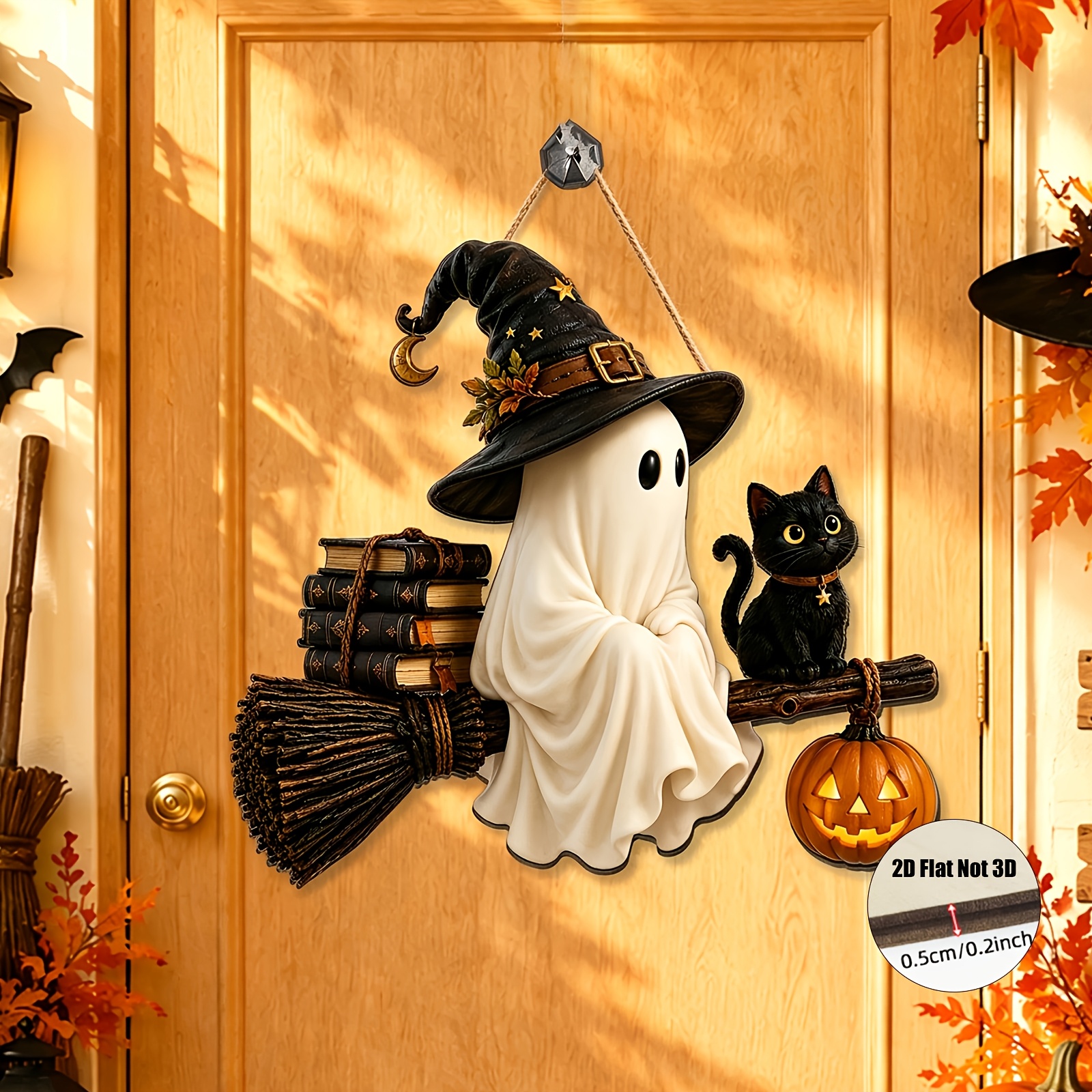 TEMU Plat 2D, 1 pièce Panneau en bois de sorcière plat 2D, Décoration de porte d'Halloween, Panneau avec et balai, Suspension de porte effrayante