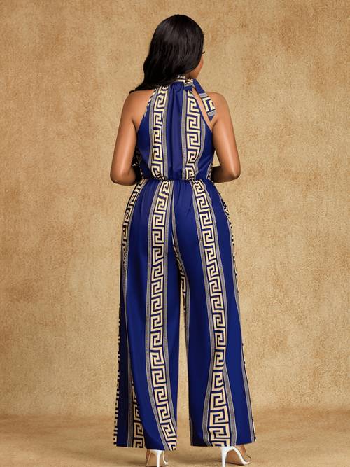 womens elegant geometric print flowing wide leg long jumpsuit suitable for commuting and vacation