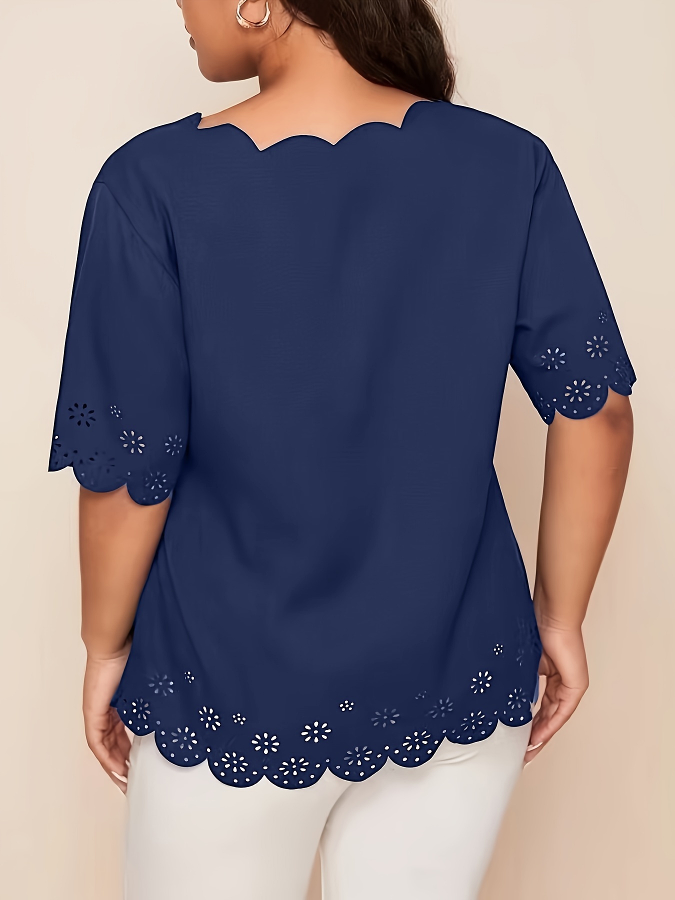 Plus Size Elegant V-Neck Blouse with Short Puff Sleeves - Navy Blue, Lace Embroidery Detail, Non-Stretch Fabric, All-Season Shirt for Women, Casual Attire|Vneck Blouse|Lace Embroidery