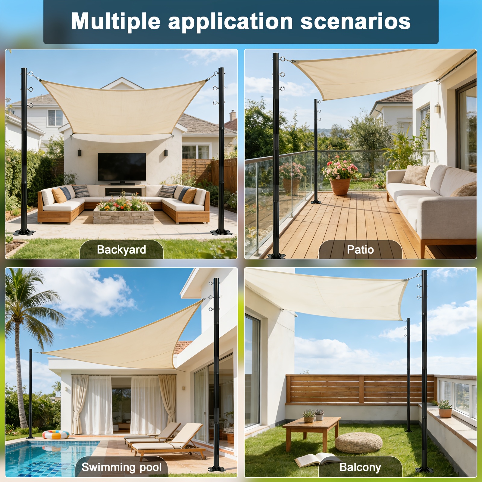 2-Pack 12-Foot Shade Sail Poles, Sturdy And Durable Heavy-duty Umbrella Poles Designed for Outdoor Use On The Ground, In Gardens, And On Patios. Easy to Install, Water-resistant, with Reinforced Bases And Expansion Bolts Included.