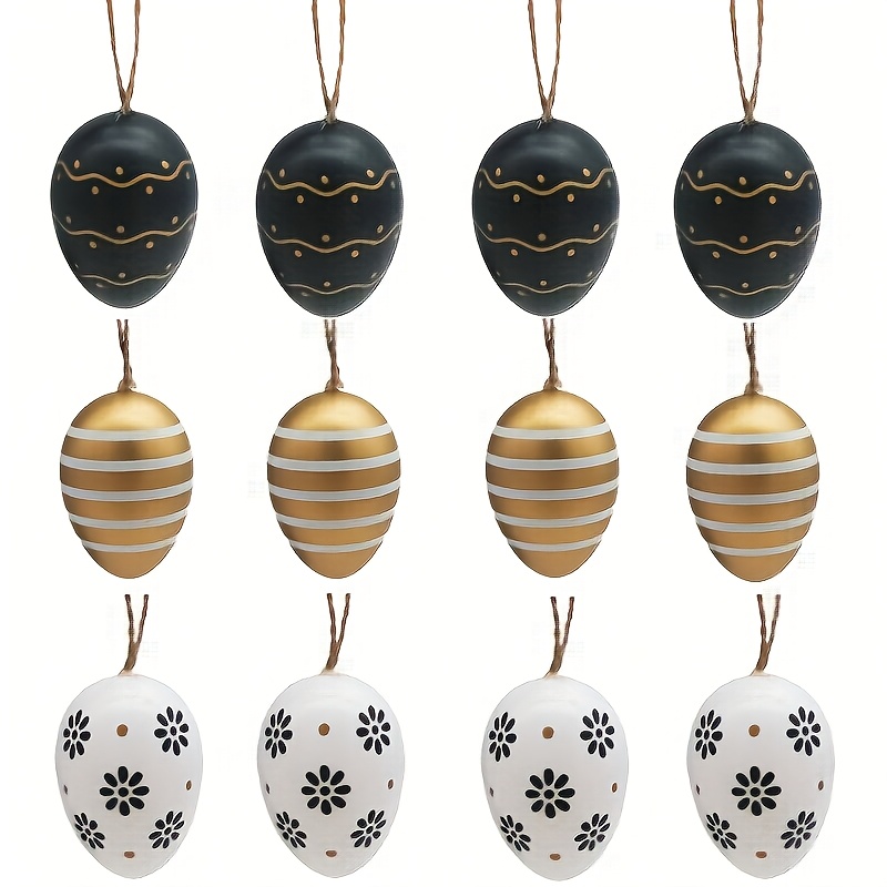 

12pcs Elegant Easter Egg Ornaments Set - Black, Golden & White With Floral And Striped Designs, Hanging Decorations For Basket & Tree, Ideal For Home & Party Favors, Easter Decorations