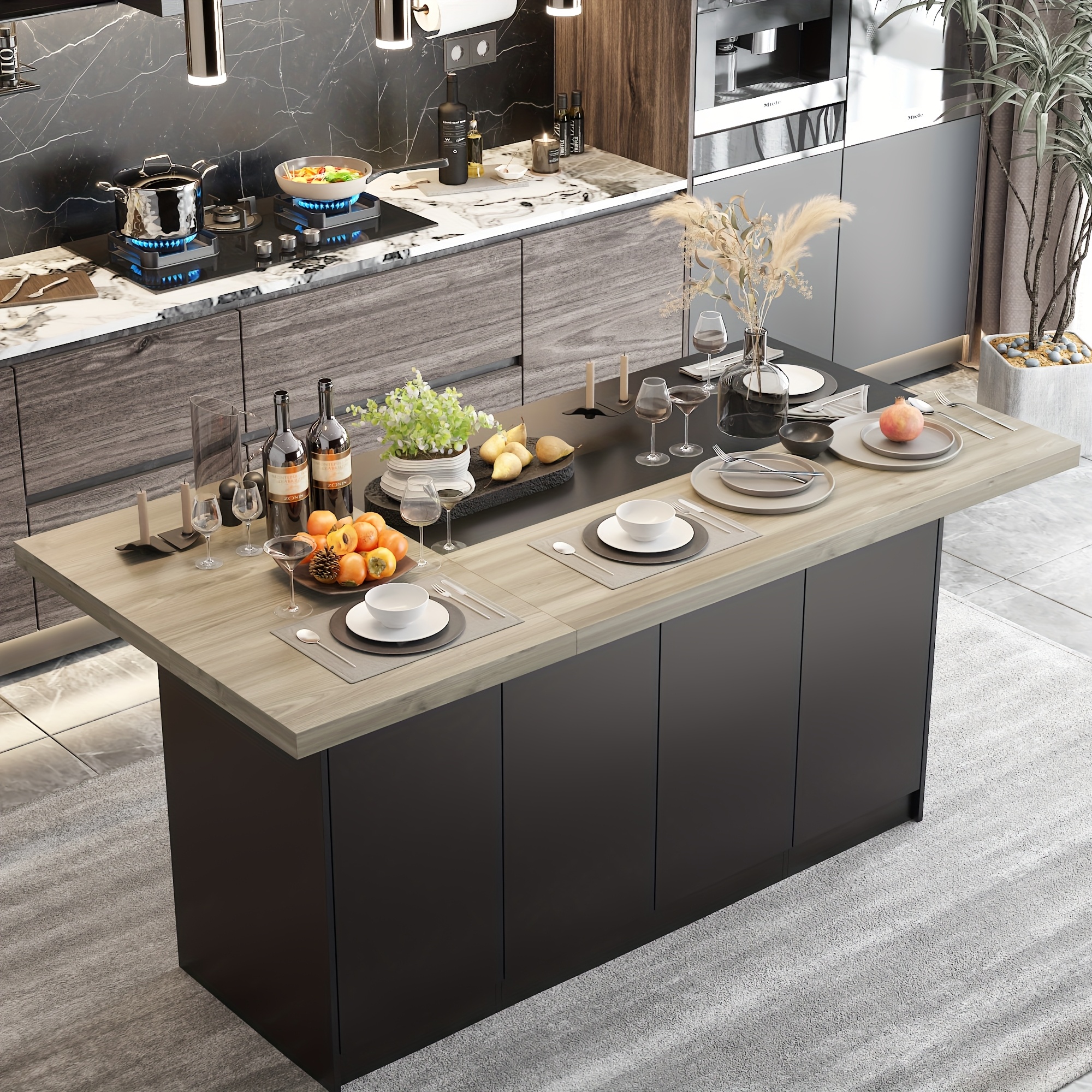 contemporary kitchen island featuring 8 doors and 14 shelves a rectangular cabinet with a   countertop ideal for kitchen and dining room storage offering   space and designed for organization with a chic aesthetic