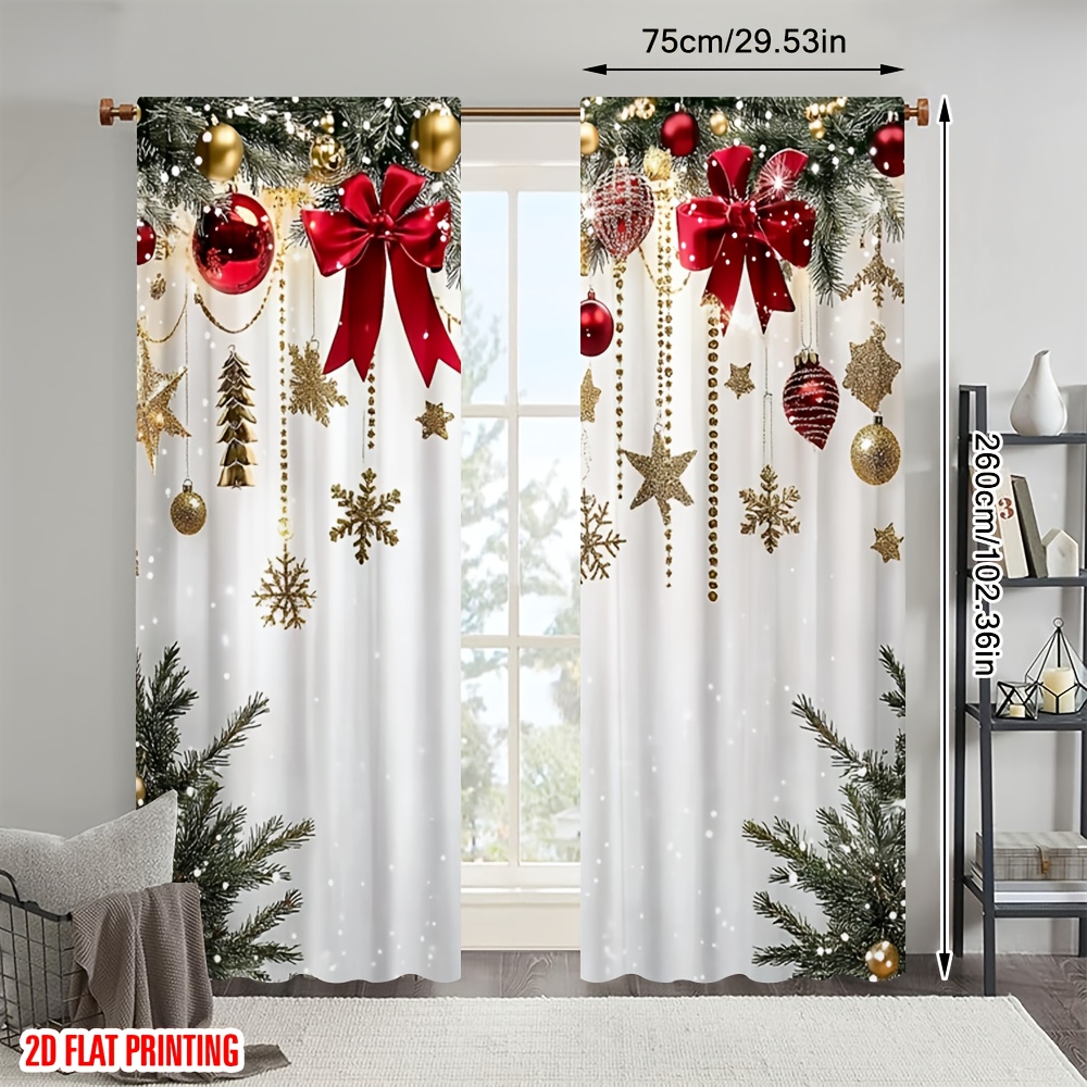 TEMU 2d Flat, 2d Flat Printing 2pcs Merry Christmas Curtain Red Bow Durable 100% Polyester Fabric Without Electricity Spring Party & Holiday Decor