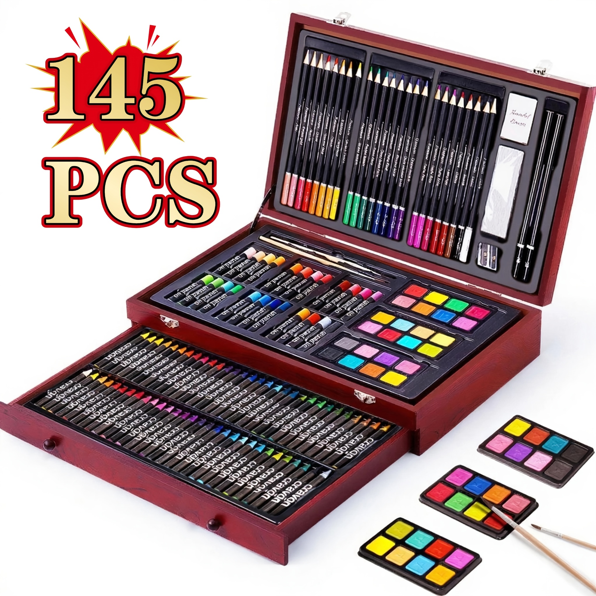 Image of 1 Set 145-pack Deluxe Wooden Art Set Crafts Drawing Painting Coloring Supplies Kit With 24 Colored Pencils, 24 Oil Pastels, 24 Watercolors, Perfect Gift For Adults, Suitable For Professional Artists