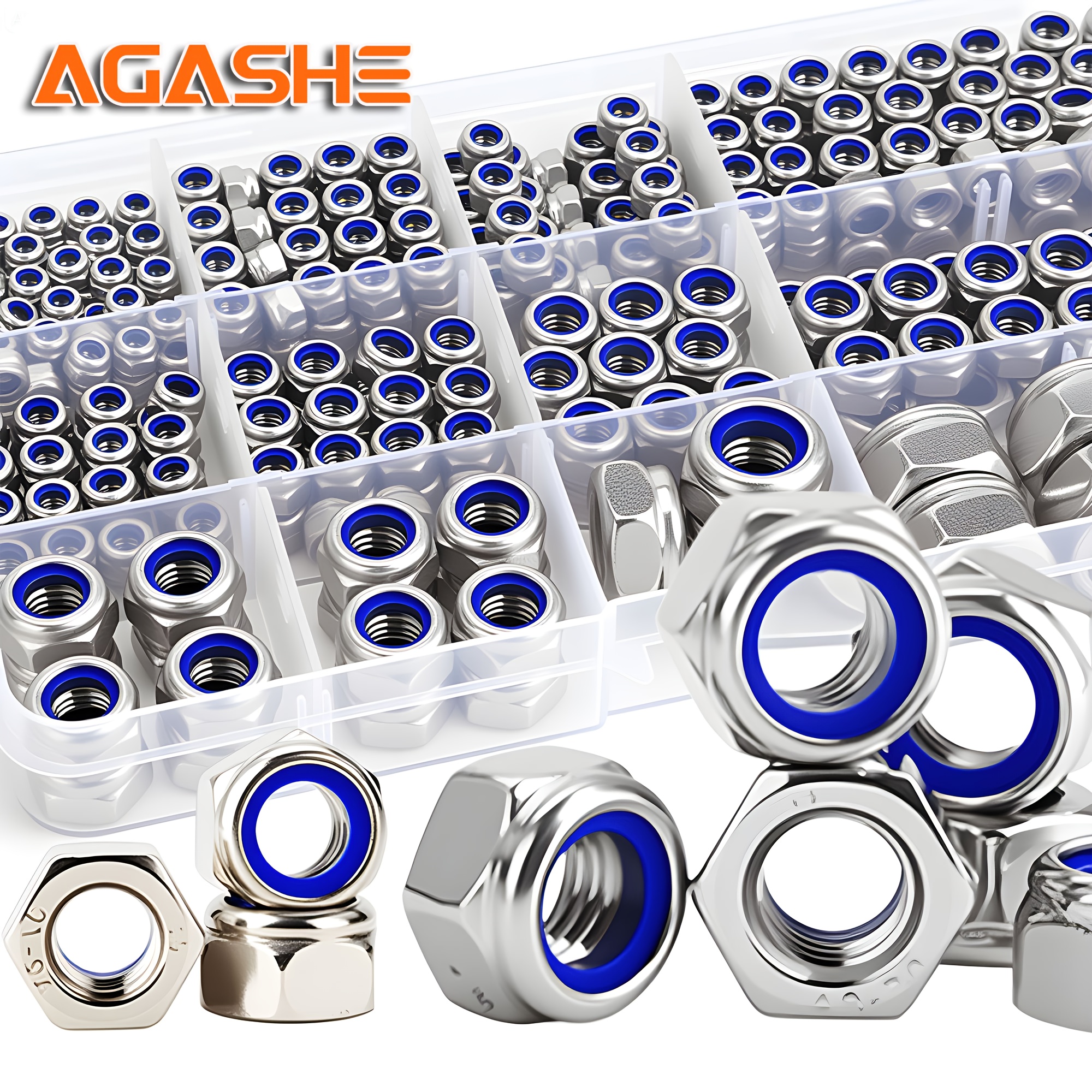 Juego de 220 piezas de tuerca de bloqueo métrica de acero inoxidable, tuerca de bloqueo hexagonal con inserción de nailon M3 M4 M5 M6 M8 M10 M12, acabado pulido, resistente a la corrosión, cumple con la norma DIN985, evita que los pernos se aflojen en entornos severos, como vibraciones y impactos.