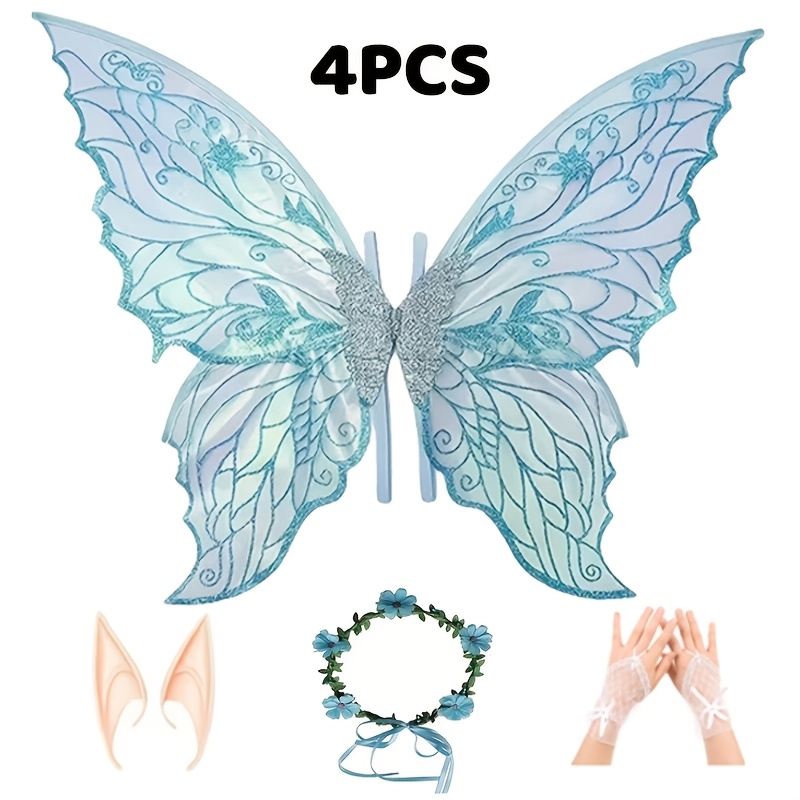 TEMU 4pcs Fairy Wing Set For Adult Women (includes Wings, Gloves, Headband, And Elf Ears) Fairy Costume Set With Large Wings Carnival And Halloween