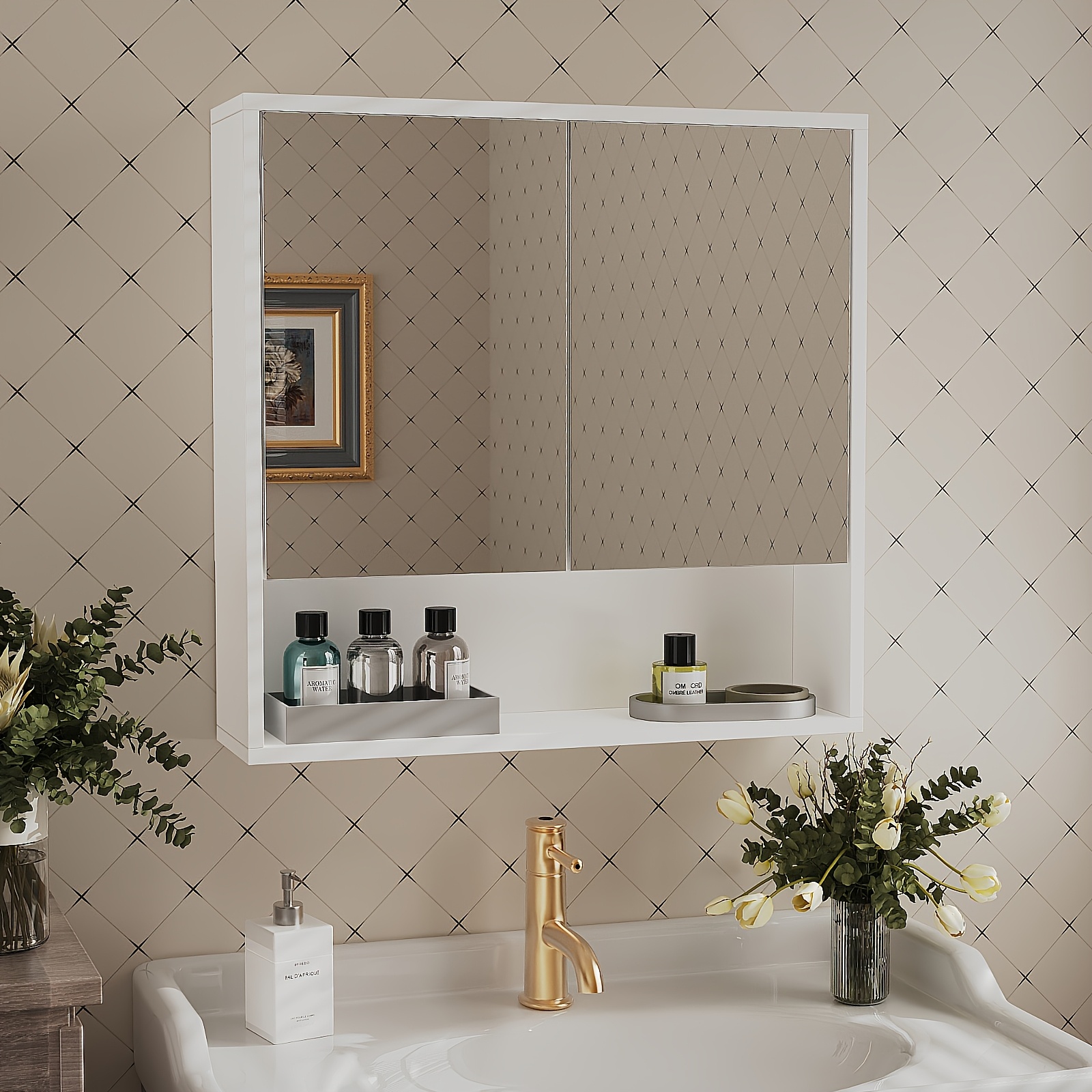 Msutree 2-door Bathroom Mirror Cabinet Featuring An Adjustable Shelf, Wall-mounted Design For Shower Rooms, Dimensions 610 * 600mm