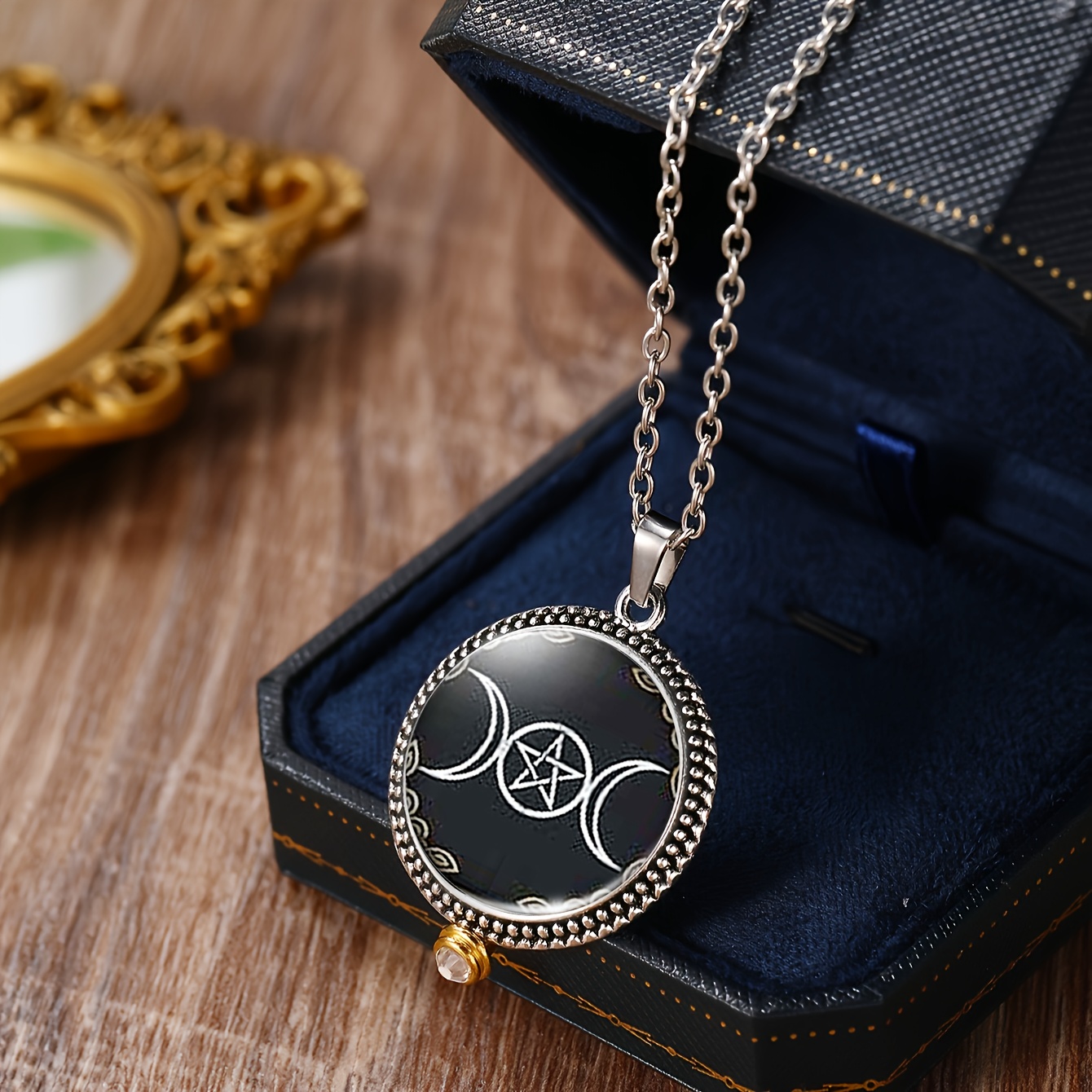 3pcs Set Round Glass Base Pentagram Necklace & Earrings Set