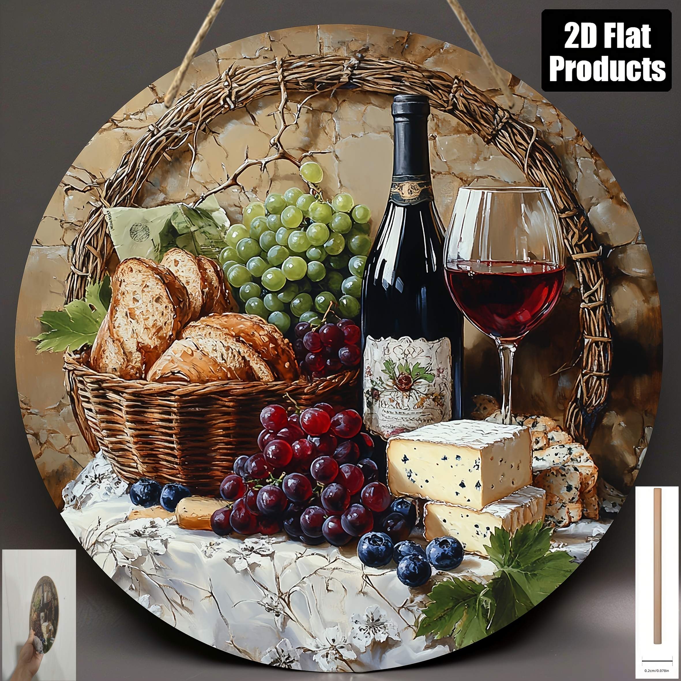 TEMU 2d Flat, 1pc Round Wooden Wall Art Sign - 8x8 Inch Rustic Wine Theme Decor With Basket Of Bread, Cheese & Grapes Design, Handcrafted Wood