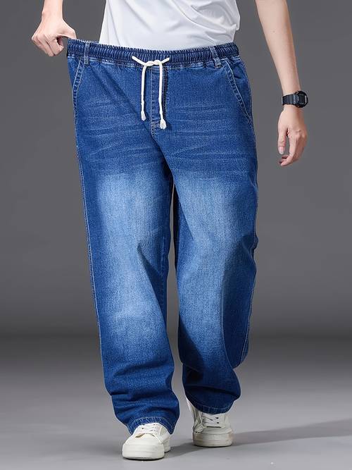 mens plus size light blue loose fit straight leg jeans elastic waist comfortable and stylish for casual attire casual wear jeans straight leg jeans plus size jeans plus size